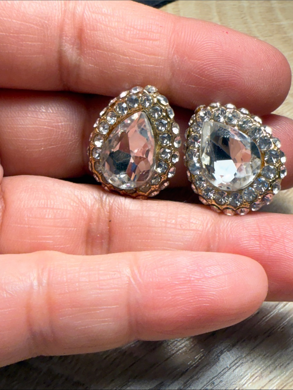Gold-Tone Clear Teardrop Crystal Earrings clip on